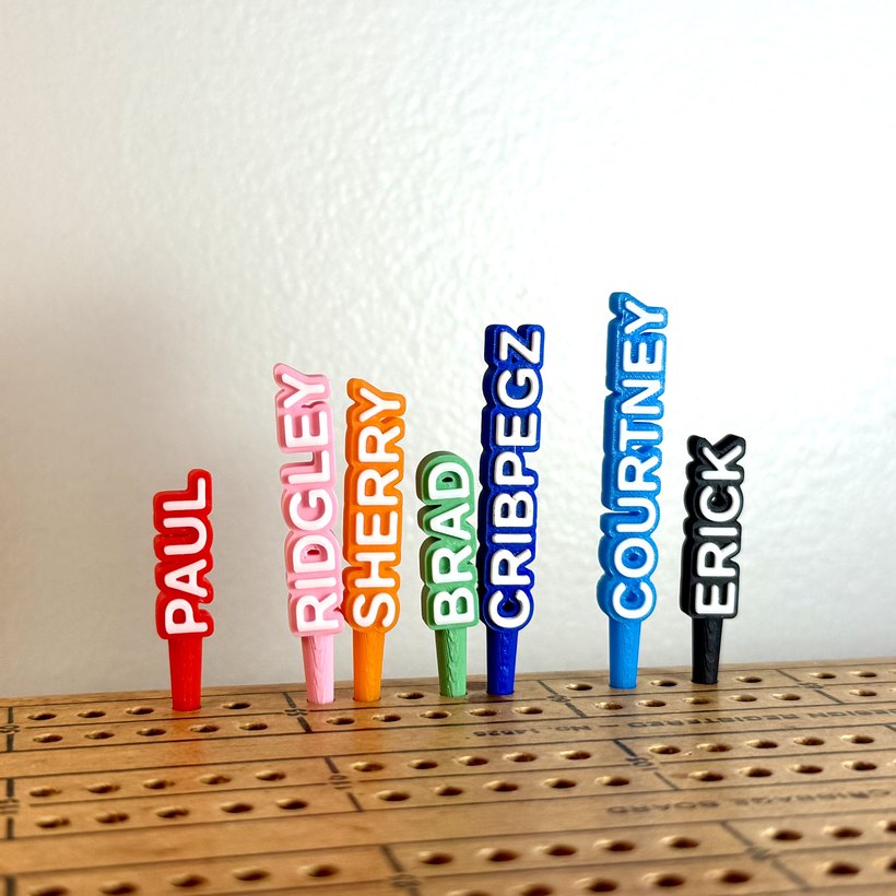 Custom cribbage pegs with the names PAUL, RIDGLEY, SHERRY, BRAD, COURTNEY and ERICK in red, pink, orange, green, dark blue, light blue and black, standing in a cribbage board
